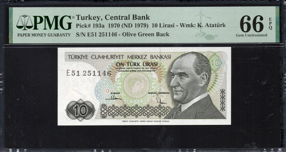 Turkey - 10 Lirasi 1970 - Pick # 193a - PMG 66 EPQ