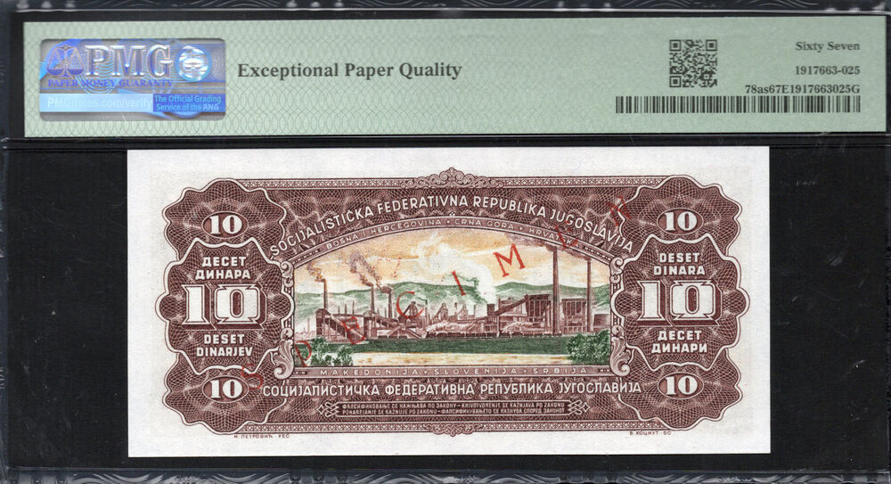 Yugoslavia - 10 Dinara 1965 - Pick # 78as - PMG 67 EPQ