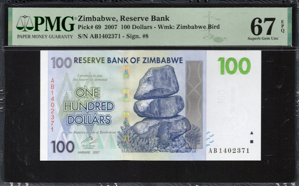 Zimbabwe - 100 Dollars 2007 - Pick # 69 - PMG 67 EPQ