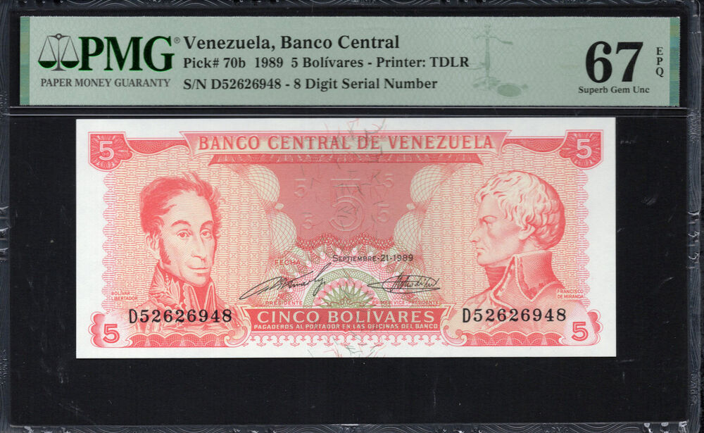 Venezuela - 5 Bolívares 1989 - Pick # 70b - PMG 67 EPQ