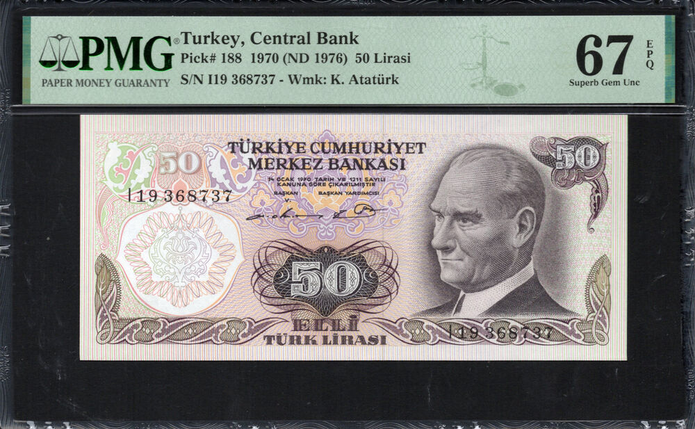 Turkey - 50 Lira 1970 - Pick # 188 - PMG 67 EPQ