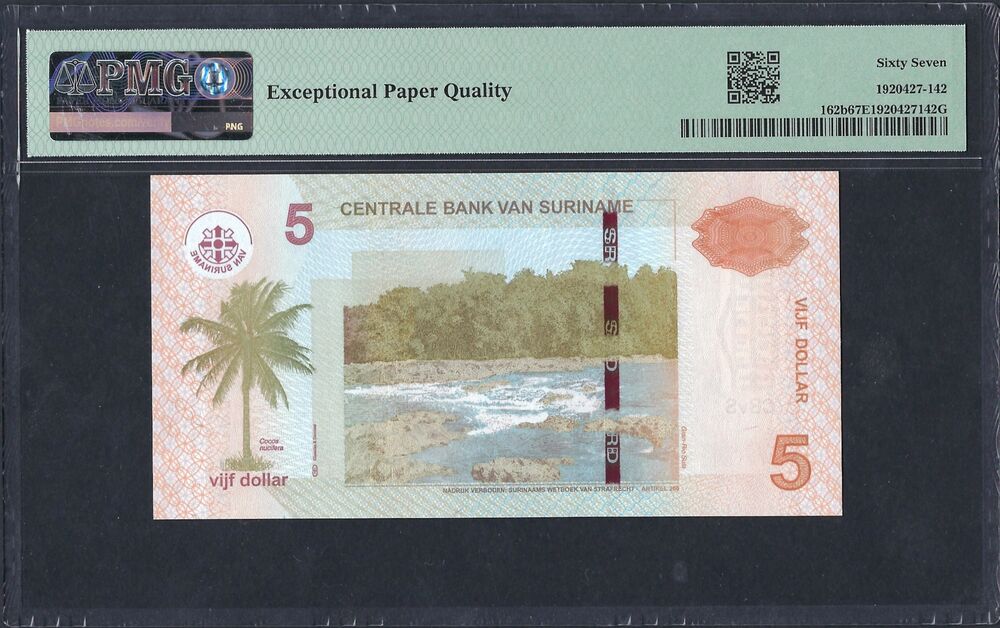 Suriname - 5 Dollars 2012 - Pick # 162b - PMG 67 EPQ