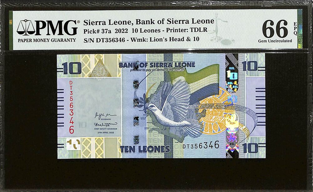 Sierra Leone - 10 Leones 2022 - Pick # 37a - PMG 66 EPQ