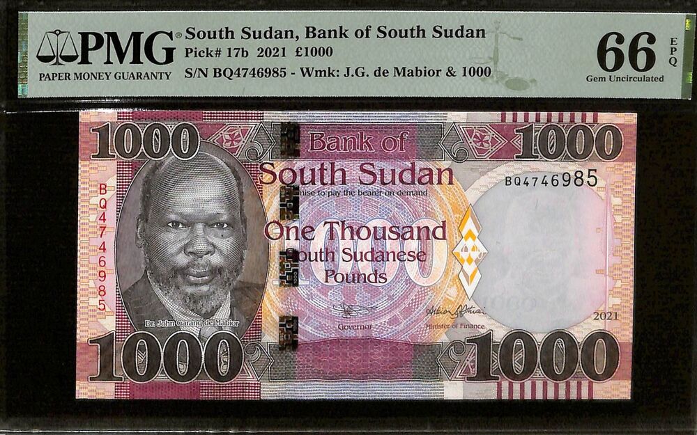 South Sudan - 1000 Pounds 2021 - Pick # 17b - PMG 66 EPQ