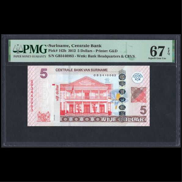 Suriname - 5 Dollars 2012 - Pick # 162b - PMG 67 EPQ
