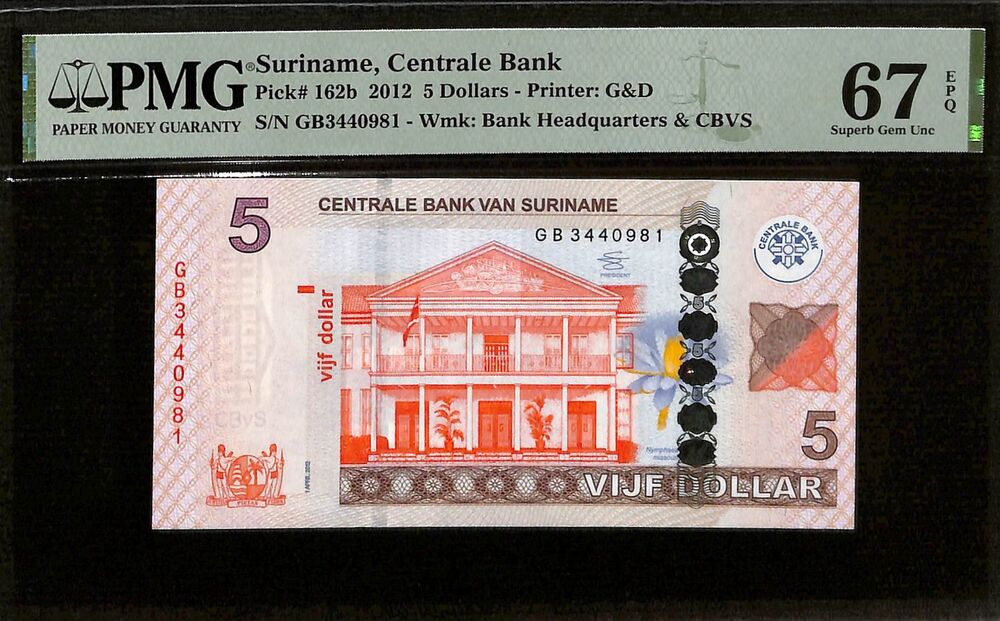 Suriname - 5 Dollars 2012 - Pick # 162b - PMG 67 EPQ