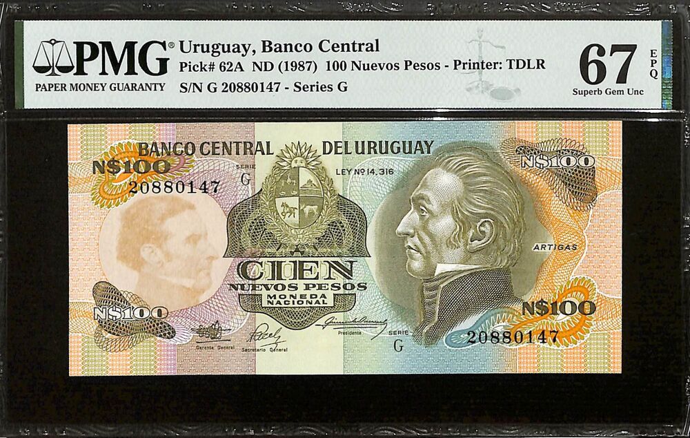 Uruguay - 100 Nuevos Pesos ND (1987) - Pick # 62A - PMG 67 EPQ
