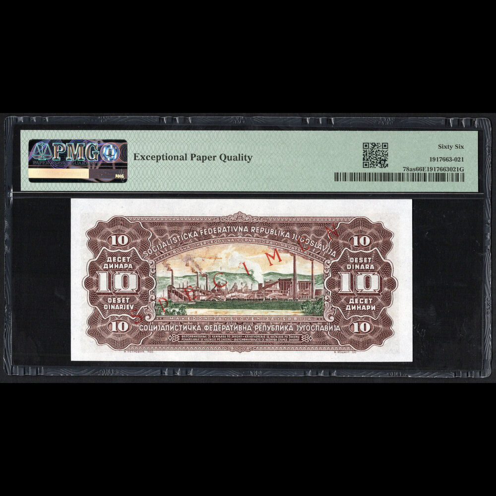 Yugoslavia - 10 Dinara 1965 - Pick # 78as - SPECIMEN - PMG 66 EPQ 