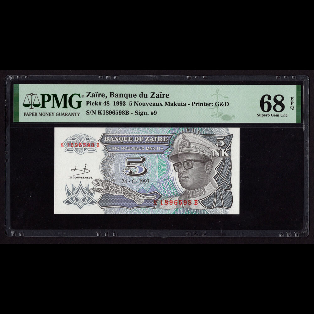 Zaire - 5 Nouveaux Makuta 1993 - Pick # 48 - PMG 68 EPQ