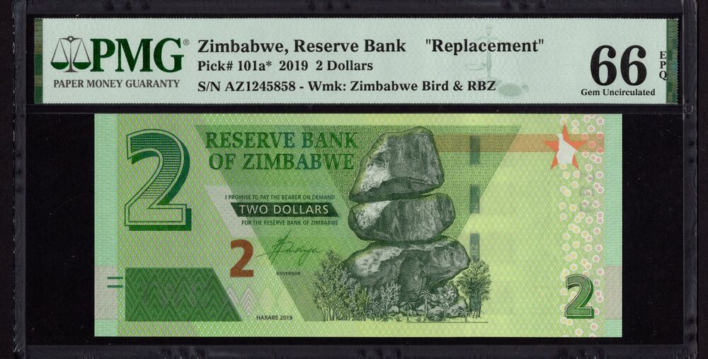 Zimbabwe - 2 Dollars 2019 - Pick # 101a - REPLACEMENT - PMG 66 EPQ