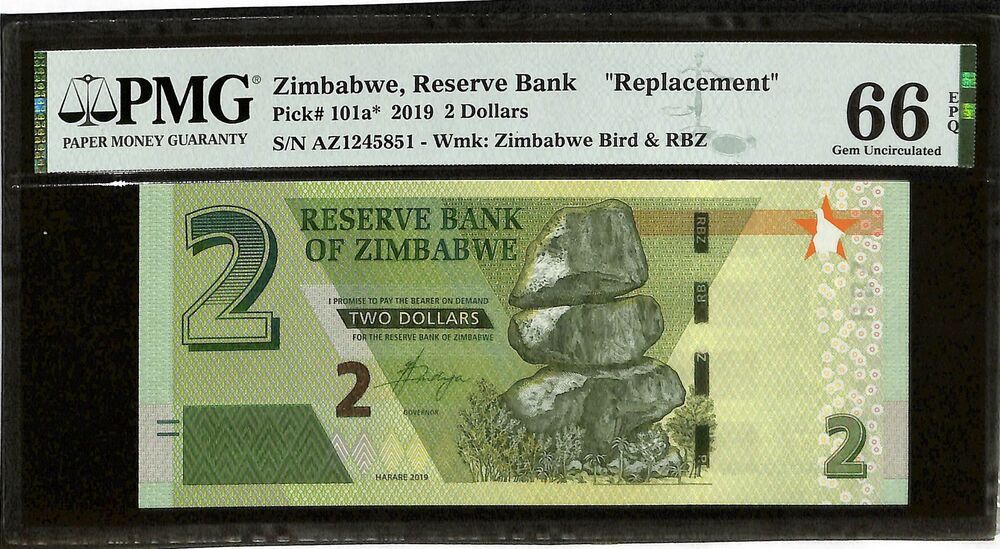Zimbabwe - 2 Dollars 2019 - Pick # 101a - REPLACEMENT - PMG 66 EPQ