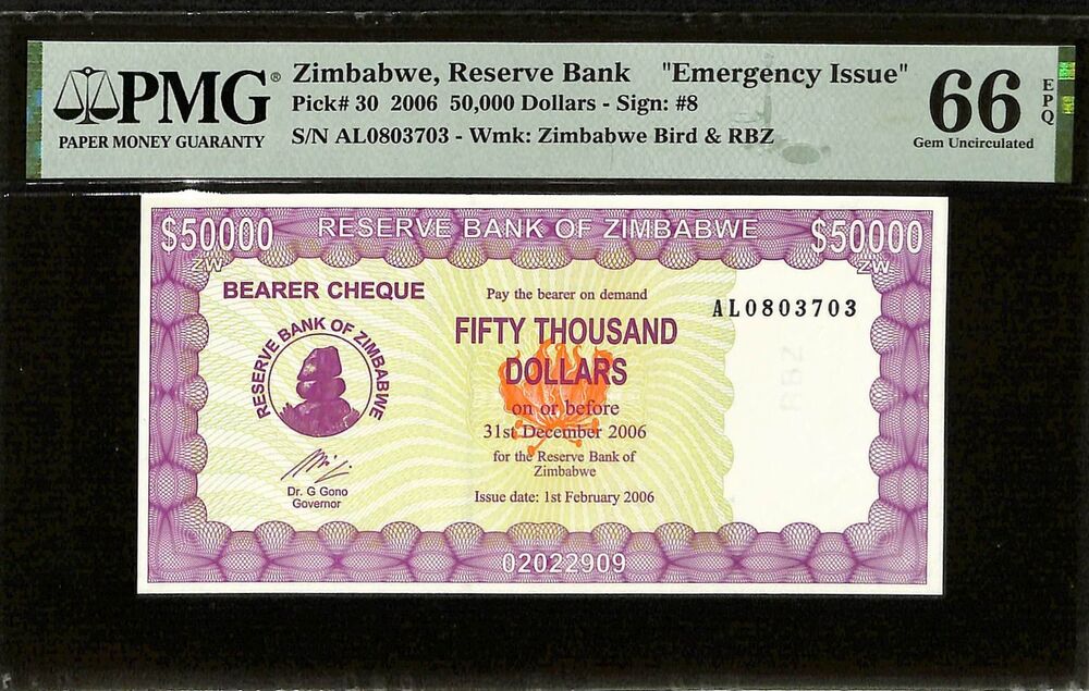 Zimbabwe - 50.000 Dollars 2006 - Pick # 30 - PMG 66 EPQ