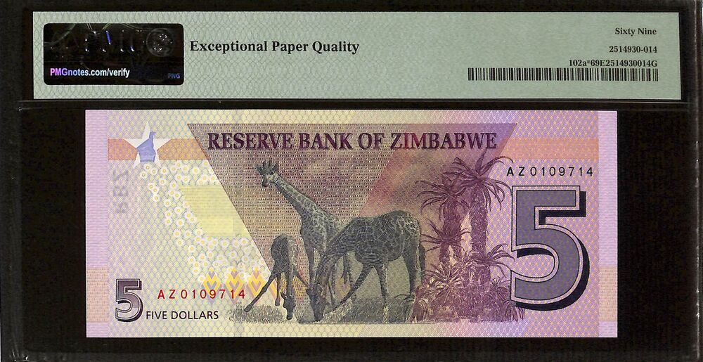 Zimbabwe - 5 Dollars 2019 - Pick # 102a - REPLACEMENT - PMG 69 EPQ