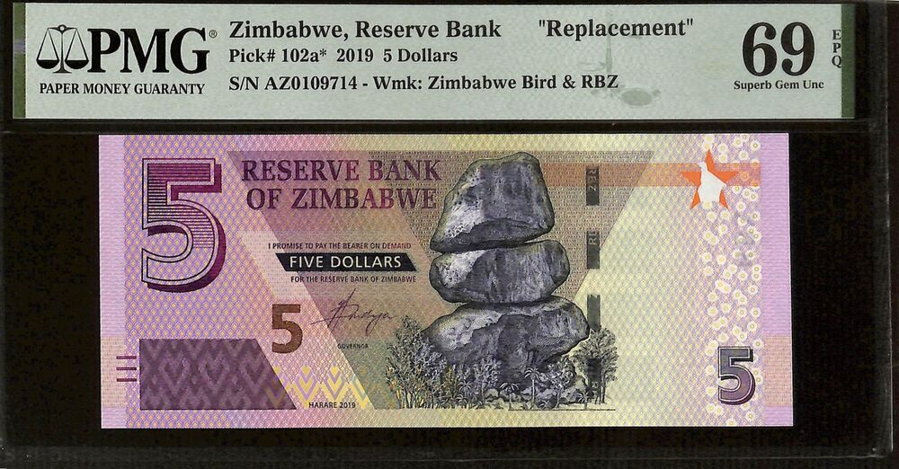 Zimbabwe - 5 Dollars 2019 - Pick # 102a - REPLACEMENT - PMG 69 EPQ
