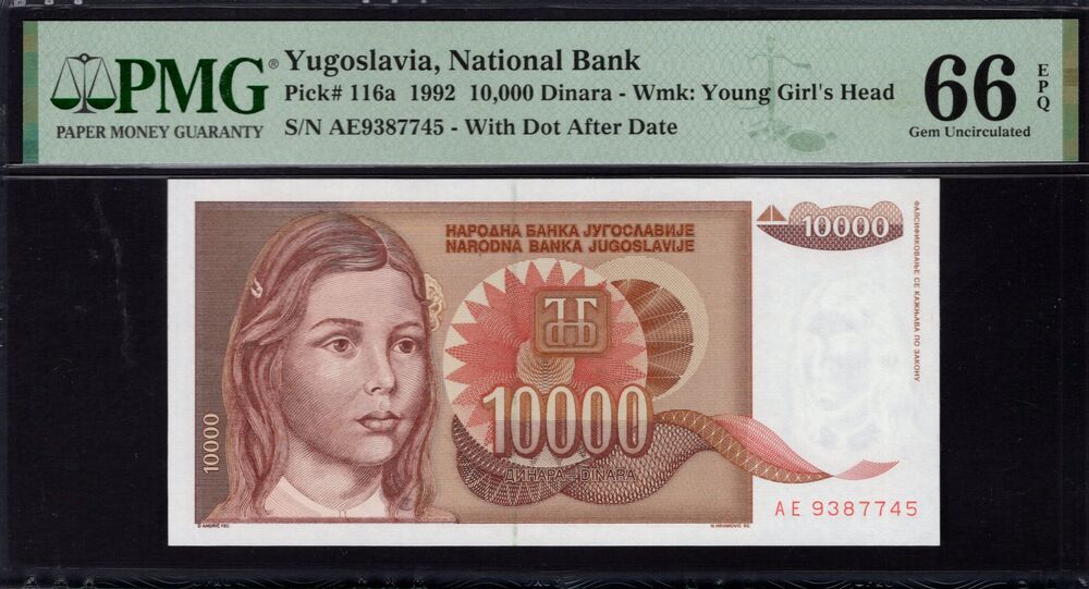 Yugoslavia - 10.000 Dinara 1992 - Pick # 116a - PMG 66 EPQ