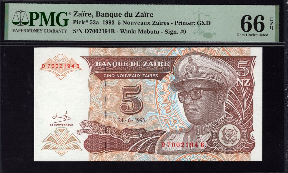 Zaire - 5 Nouveaux Zaires 1993 - Pick # 53a - PMG 66 EPQ