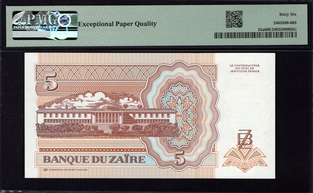 Zaire - 5 Nouveaux Zaires 1993 - Pick # 53a - PMG 66 EPQ