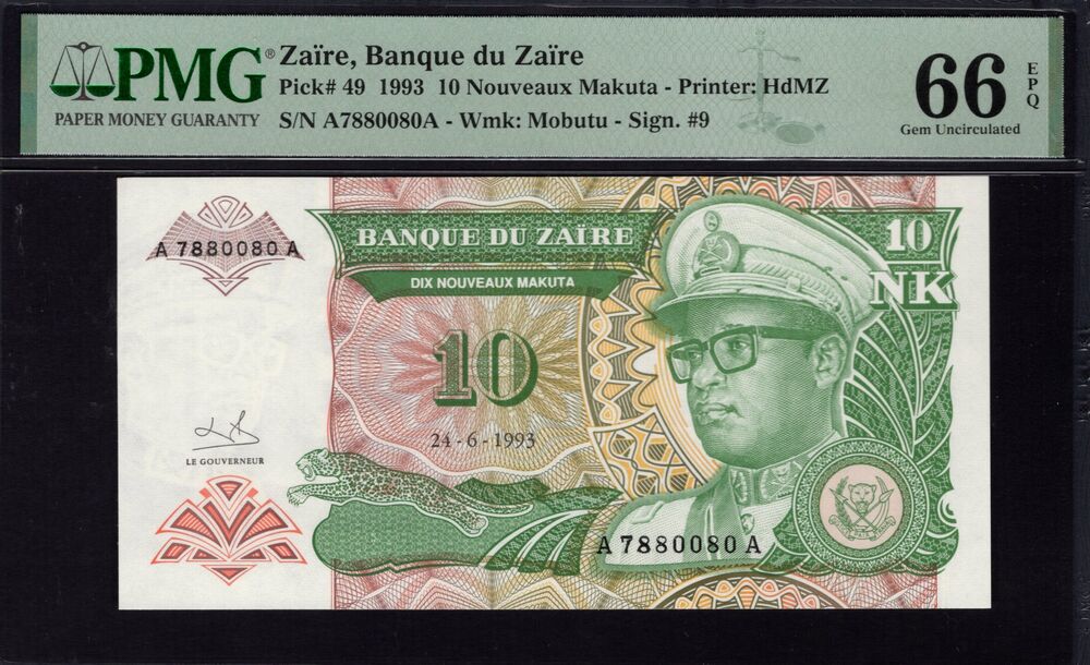 Zaire - 10 Nouveaux Makuta 1993 - Pick # 49 - PMG 66 EPQ