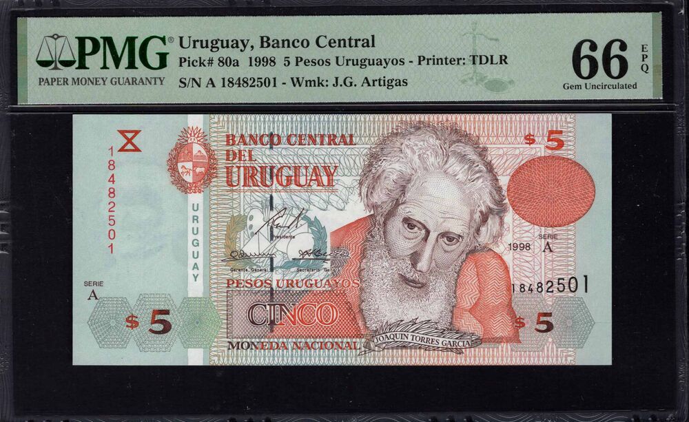Uruguay - 5 Pesos Uruguayos 1998 - Pick # 80a - PMG 66 EPQ