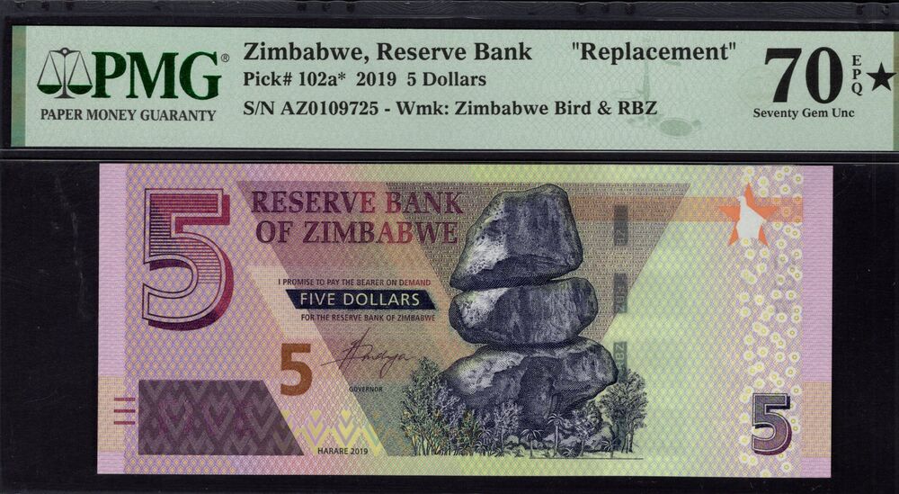 Zimbabwe - 5 Dollars 2019 - Pick # 102a* - PMG 70 EPQ★