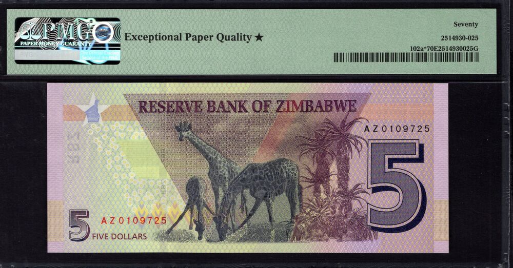 Zimbabwe - 5 Dollars 2019 - Pick # 102a* - PMG 70 EPQ★