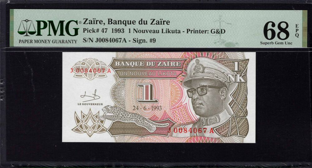 Zaire - 1 Nouveau Likuta 1993 - Pick # 47 - PMG 68 EPQ