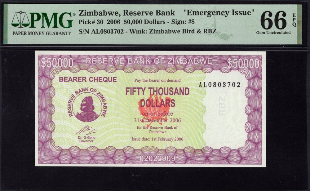 Zimbabwe - 50.000 Dollars 2006 - Pick # 30 - PMG 66 EPQ