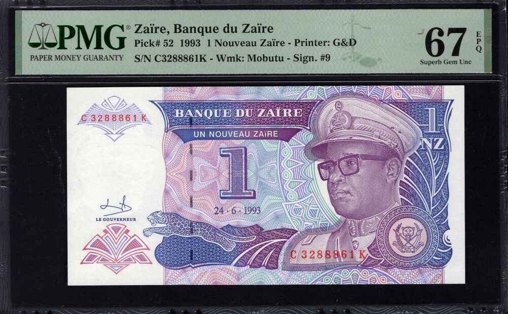 Zaire - 1 Nouveau Zaïre 1993 - Pick # 52 - PMG 67 EPQ
