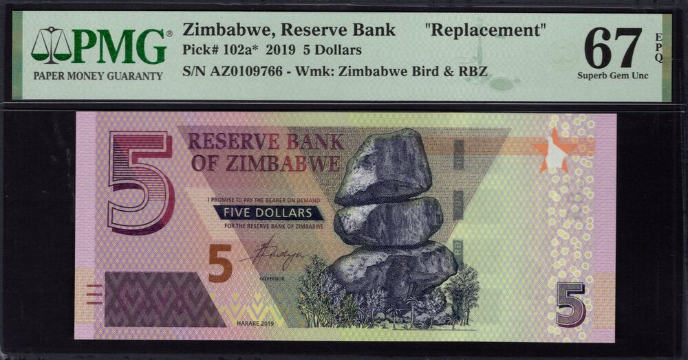 Zimbabwe - 5 Dollars 2019 - Pick # 102a* - PMG 67 EPQ
