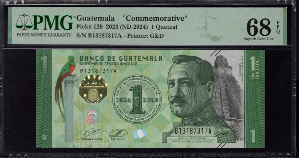 Guatemala - 1 Quetzal 2023 - Pick # 129 - PMG 68 EPQ