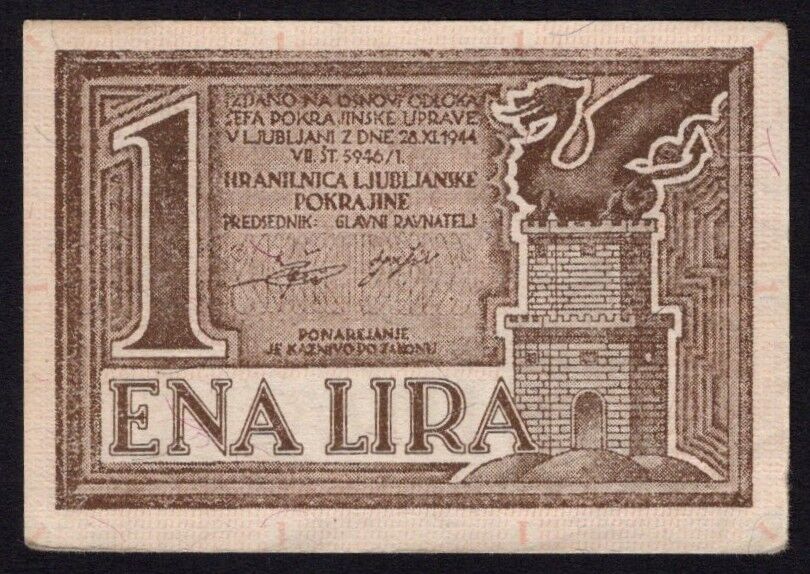 Slovenia - Laibach, 1 Lira 1944 - Pick # R17 - XF