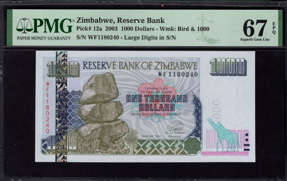 Zimbabwe - 1000 Dollars 2003 - Pick # 12a - PMG 67 EPQ