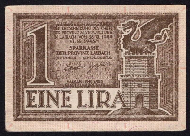 Slovenia - Laibach, 1 Lira 1944 - Pick # R17 - XF