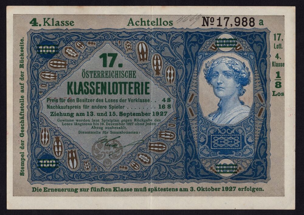 Austria - Klassenlotterie, 1/8 Los 1927 - XF