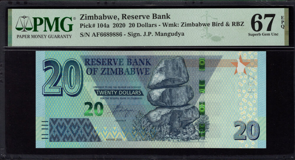 Zimbabwe - 20 Dollars 2020 - Pick # 104a - PMG 67 EPQ