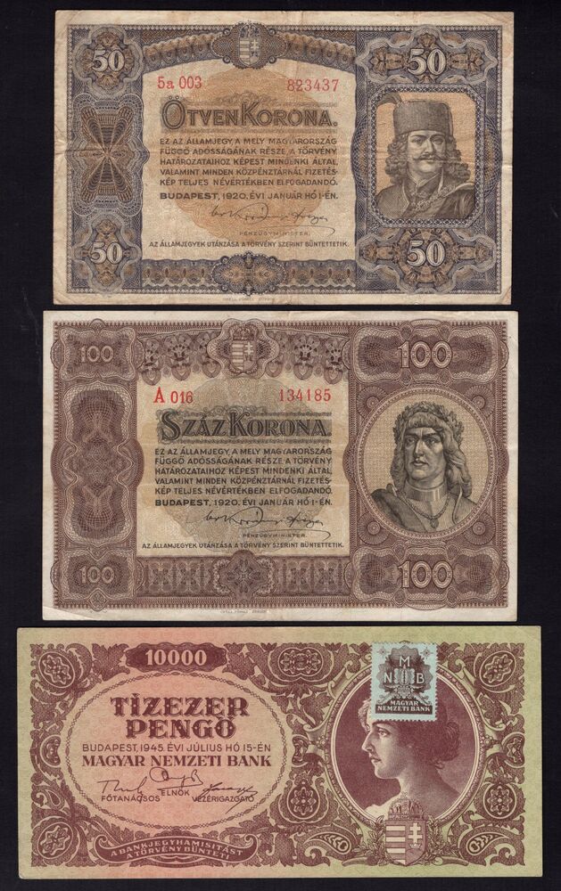 Hungary - Group of 3 notes 1920/45 - Fine to XF