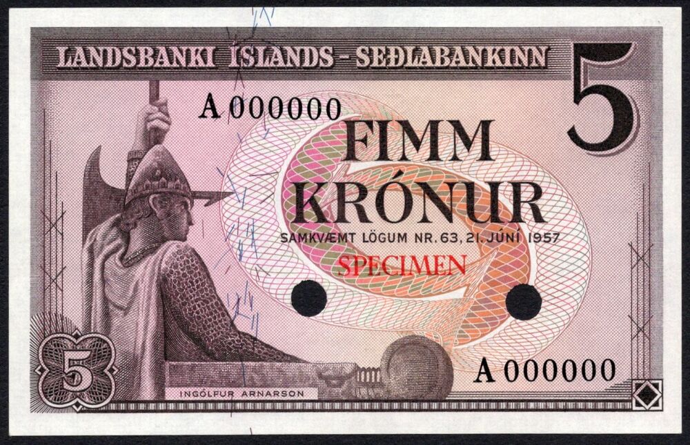 Iceland - 5 Kronur 1957 - Pick # 37 - Color Trial - UNC-