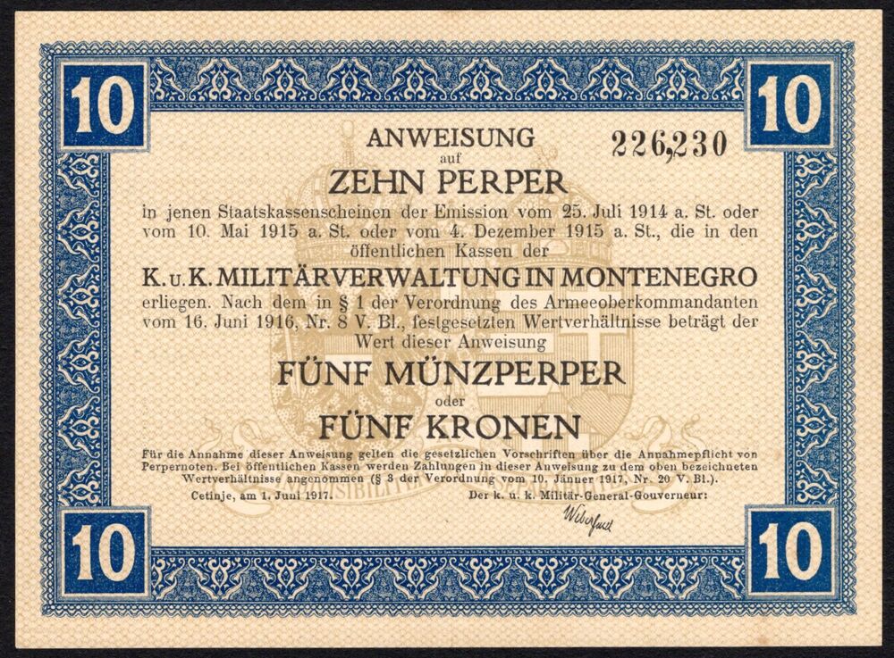 Montenegro - 10 Perper 1917 - Pick # M151 - AU