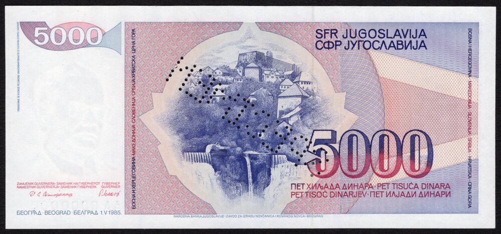 Yugoslavia - 5000 Dinara 1985 - Pick # 93s - Specimen - AU