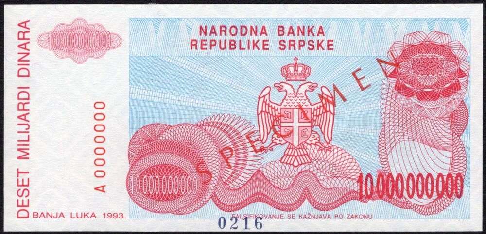 Bosnia and Herzegovina - 10.000.000.000 Dinara 1993 - Pick # 159s - Specimen - UNC