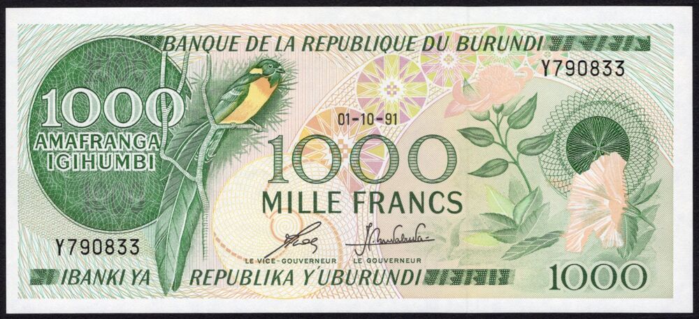 Burundi - 1000 Francs 1991 - Pick # 31d - XF/AU