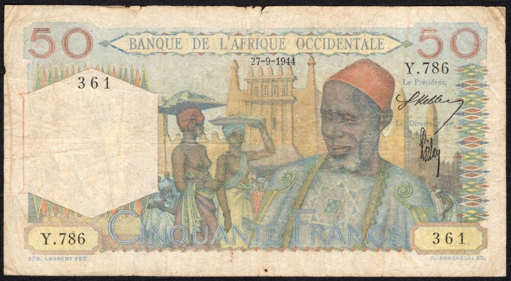 French West Africa - 50 Francs 1944 - Pick # 39 - VG/Fine