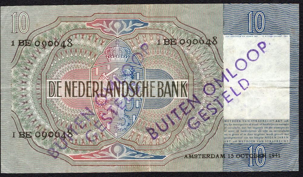 Netherlands - 10 Gulden 1941 - Pick # 56b - Cancelled - VF