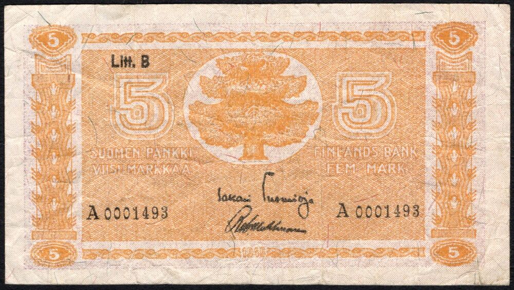 Finland - 5 Markkaa 1945 - Pick # 84 - Low serial number - Fine