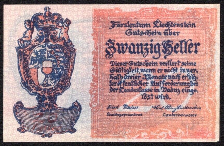 Liechtenstein - 20 Heller 1920 - Pick # 2 - XF