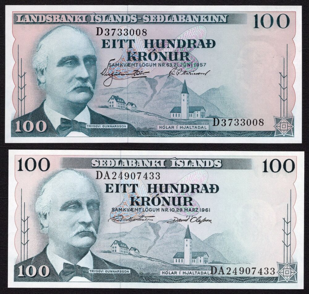Iceland - 100 Kronur 1957 + 1961 - Pick # 40 & 44 - UNC