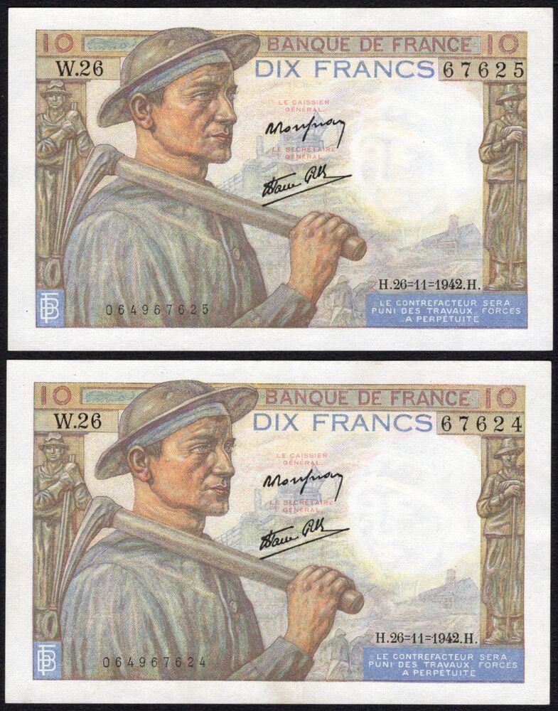 France - 2 x 10 Francs 1942 - Pick # 99e - Consecutive - XF/AU