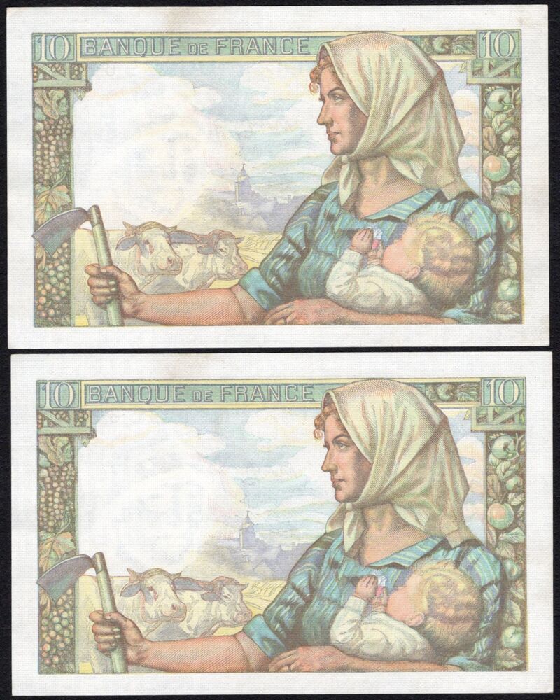 France - 2 x 10 Francs 1942 - Pick # 99e - Consecutive - XF/AU