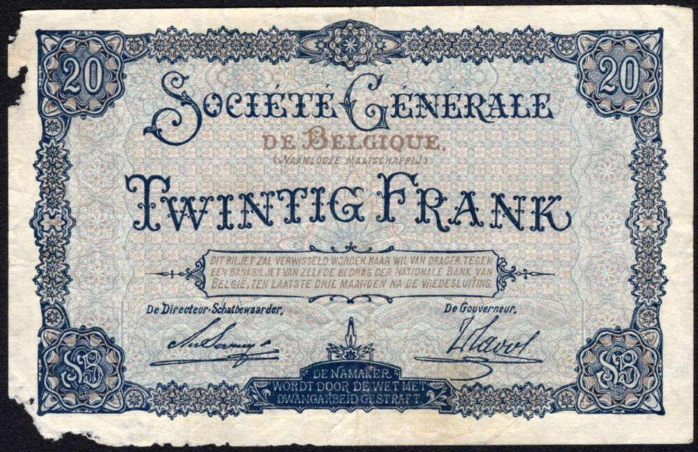Belgium - 20 Francs 1915 - Société Générale - Pick # 89 - VF