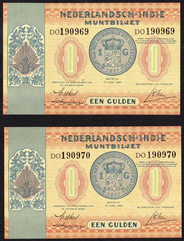 Netherlands Indies - 2 x 1 Gulden 1940 - Pick # 108a - Consecutive - AU/UNC
